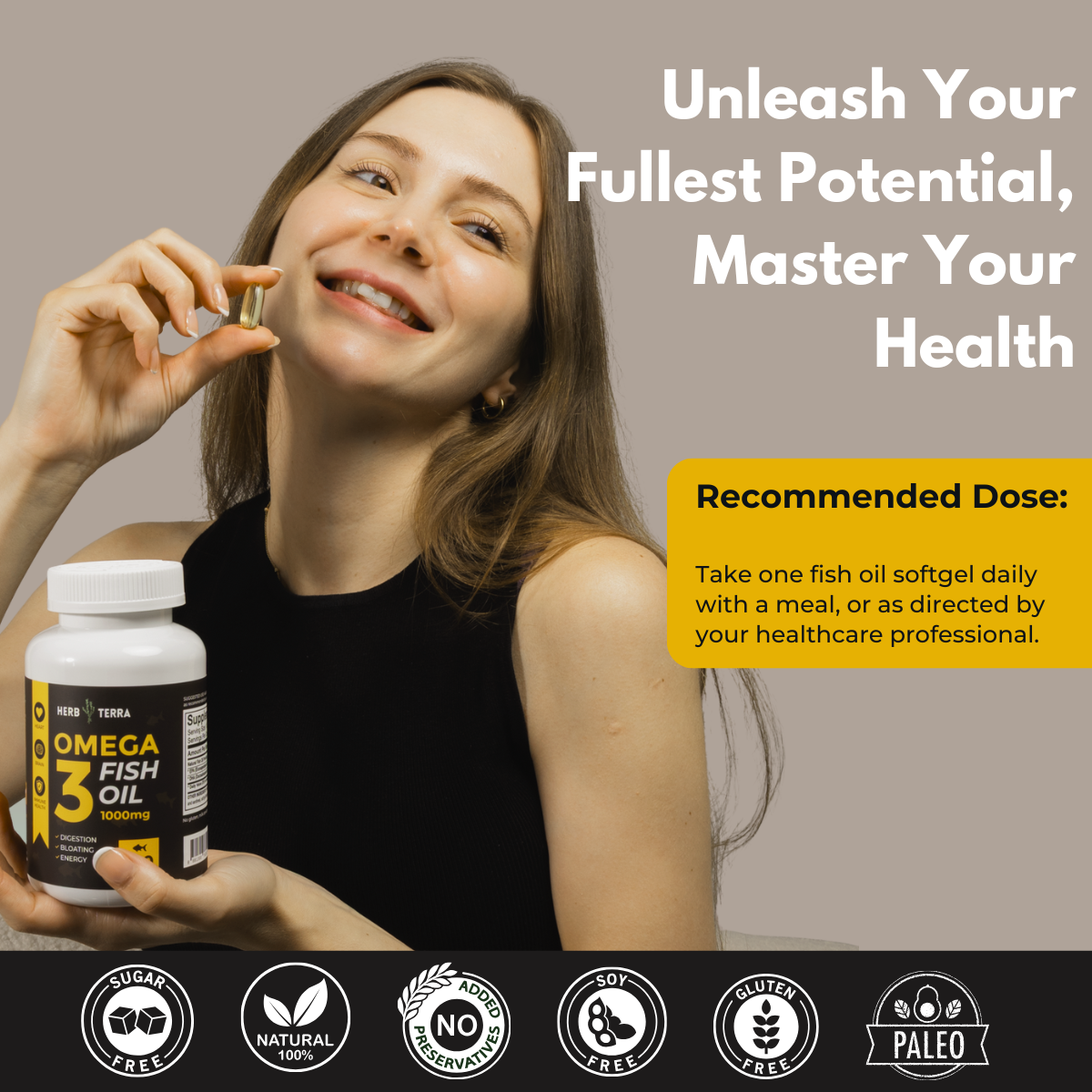 Woman holding Omega 3 Fish Oil bottle | Herb Terra