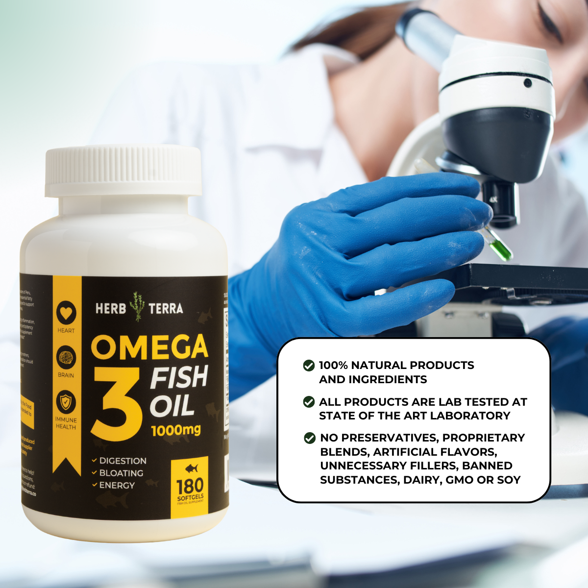 Omega 3 Fish Oil bottle with scientist | Herb Terra