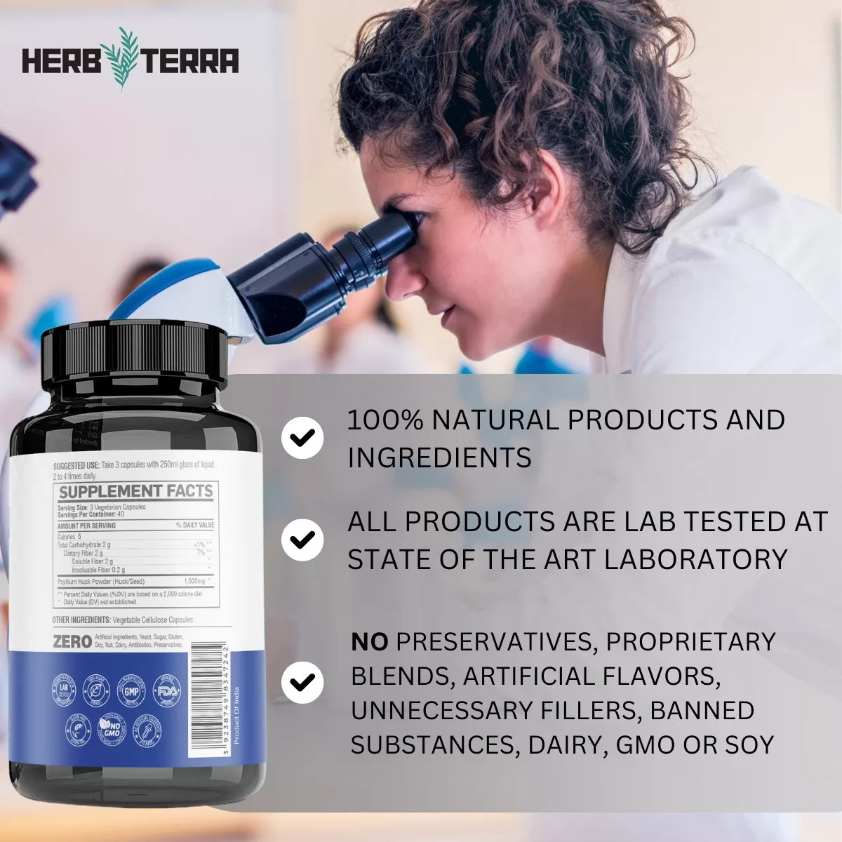 Herb Terra supplement bottle & features.
| Herb terra