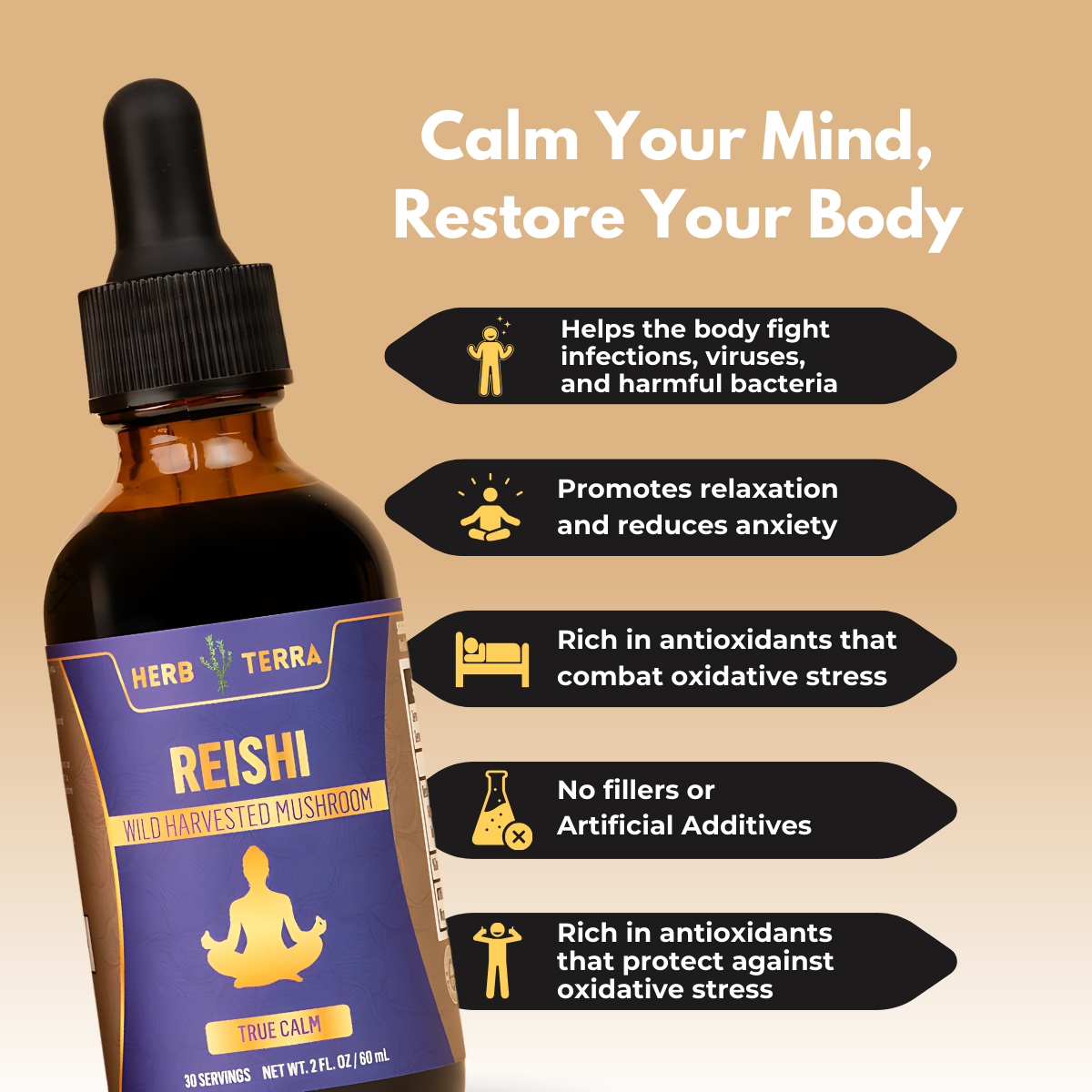 Herb Terra Reishi on beige background.