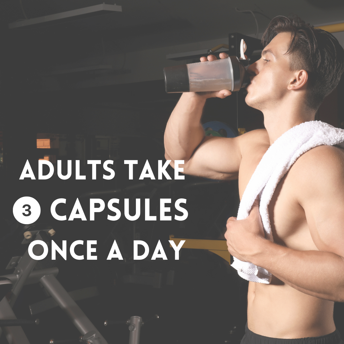 Muscular man drinking from a supplement shaker with text about supplement intake.