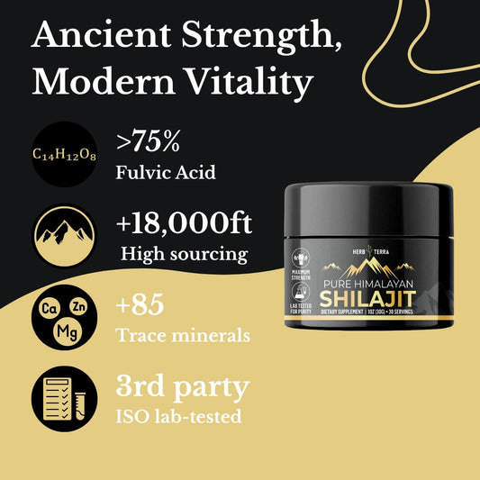 Shilajit product with health benefits and features on a black and gold background