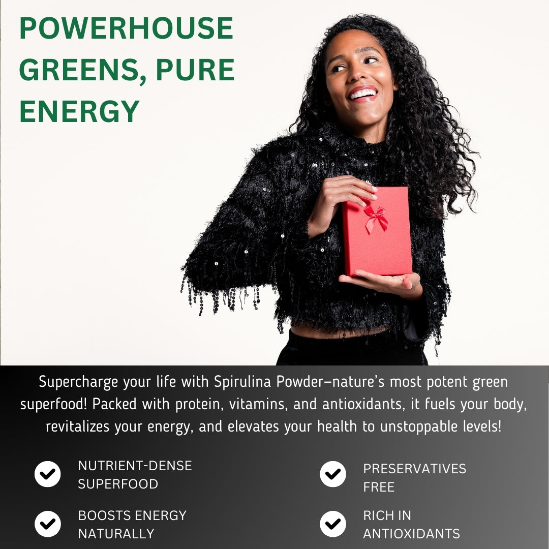 Spirulina Powder infographic: woman & benefits.
| Herb terra