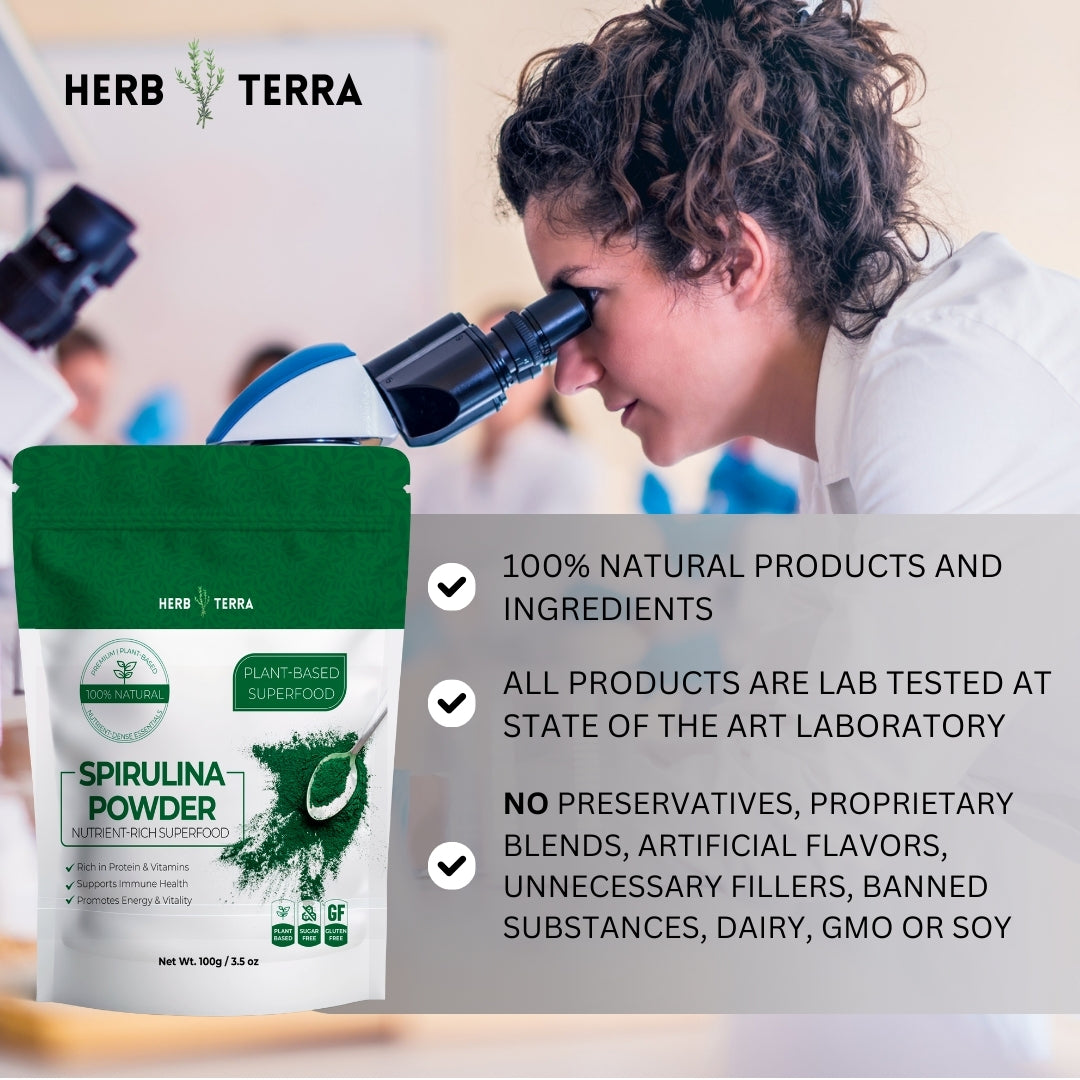 Herb Terra Spirulina Powder and lab.
| Herb terra