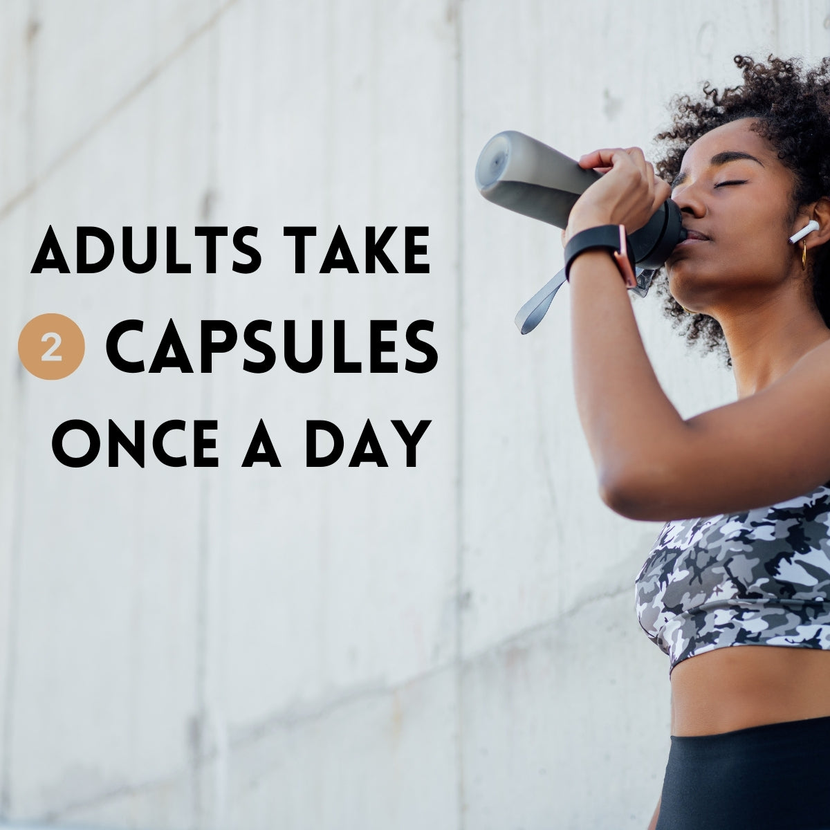 Woman drinking; take 2 capsules daily. | Herb terra