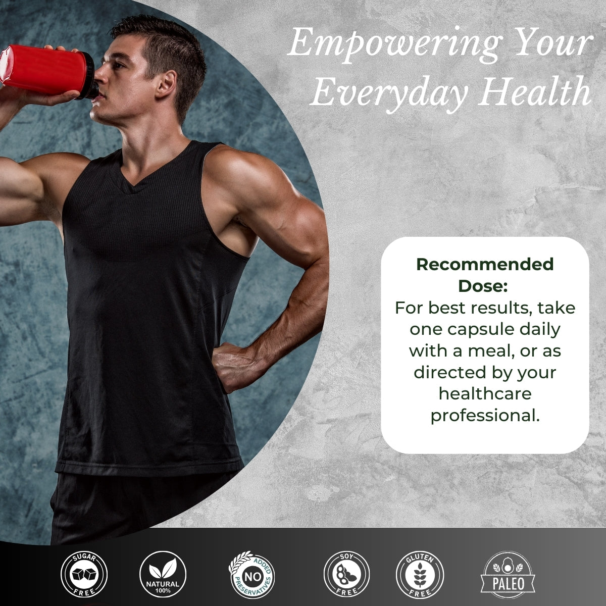 Man drinking supplement from red shaker. | Herb terra
