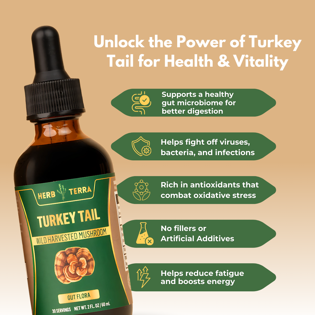 Herb Terra Turkey Tail bottle with benefits on beige background.