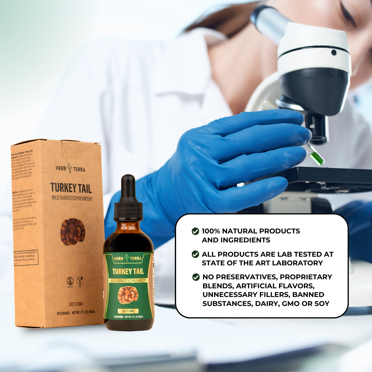 Turkey Tail bottle and packaging with scientist in background.