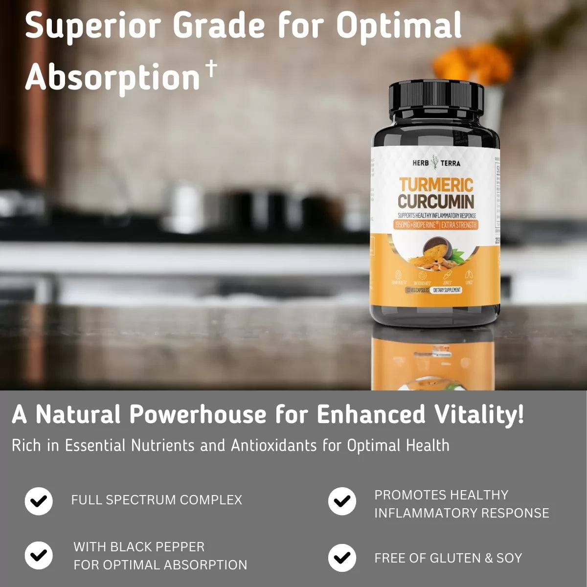 Herb Terra Turmeric Curcumin bottle.
| Herb terra