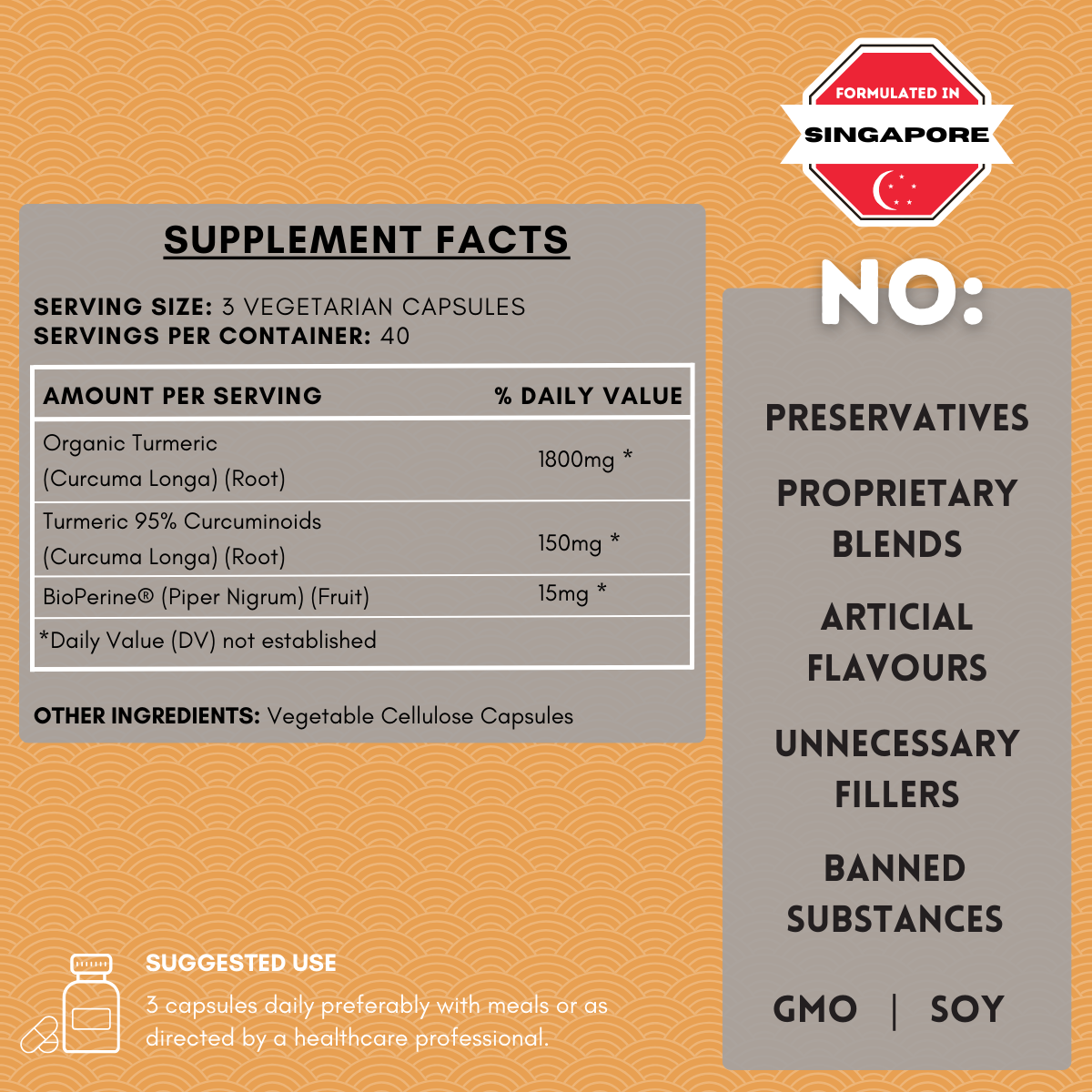 Supplement facts label with a yellow background and branding elements.