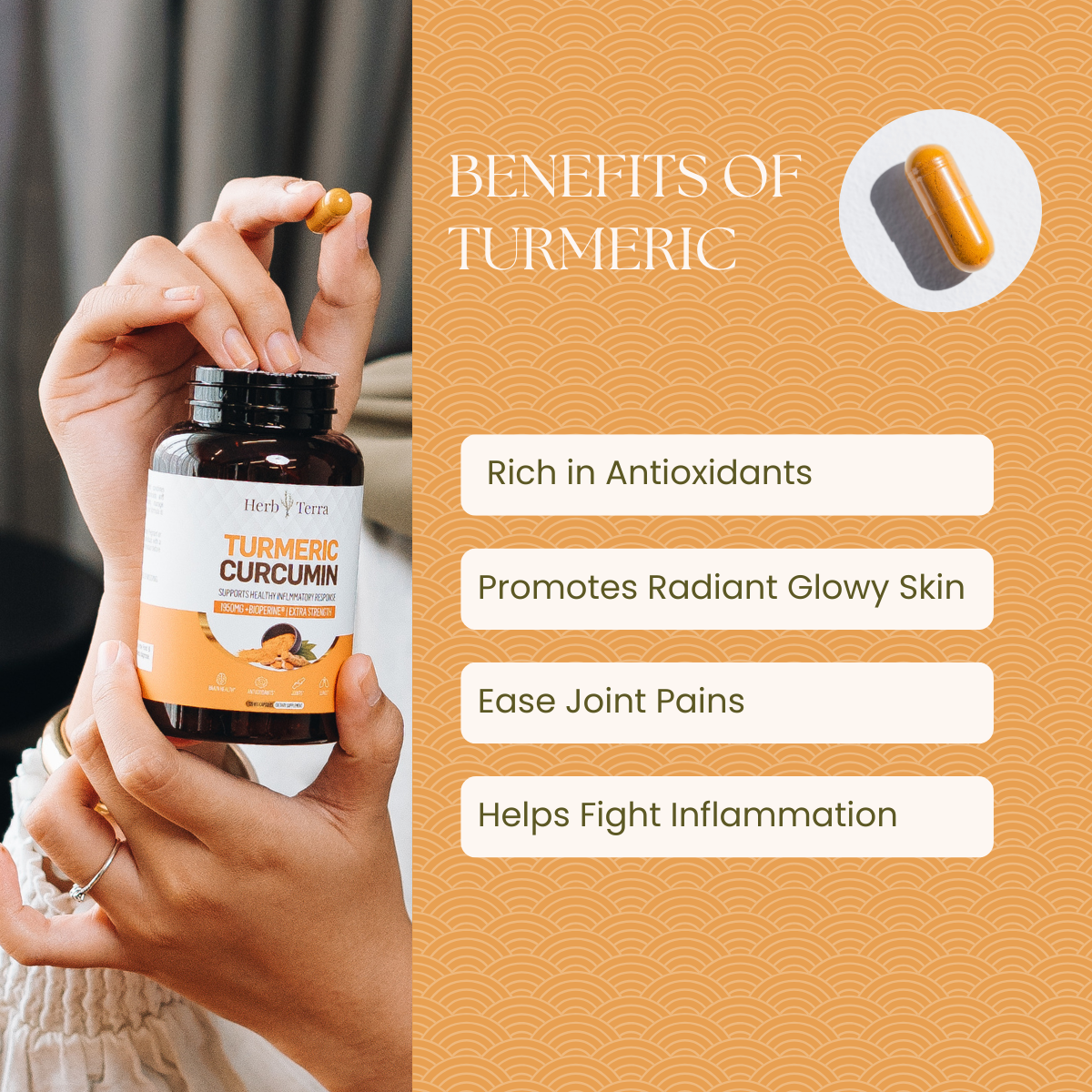 Turmeric bottle on orange | Herb Terra
