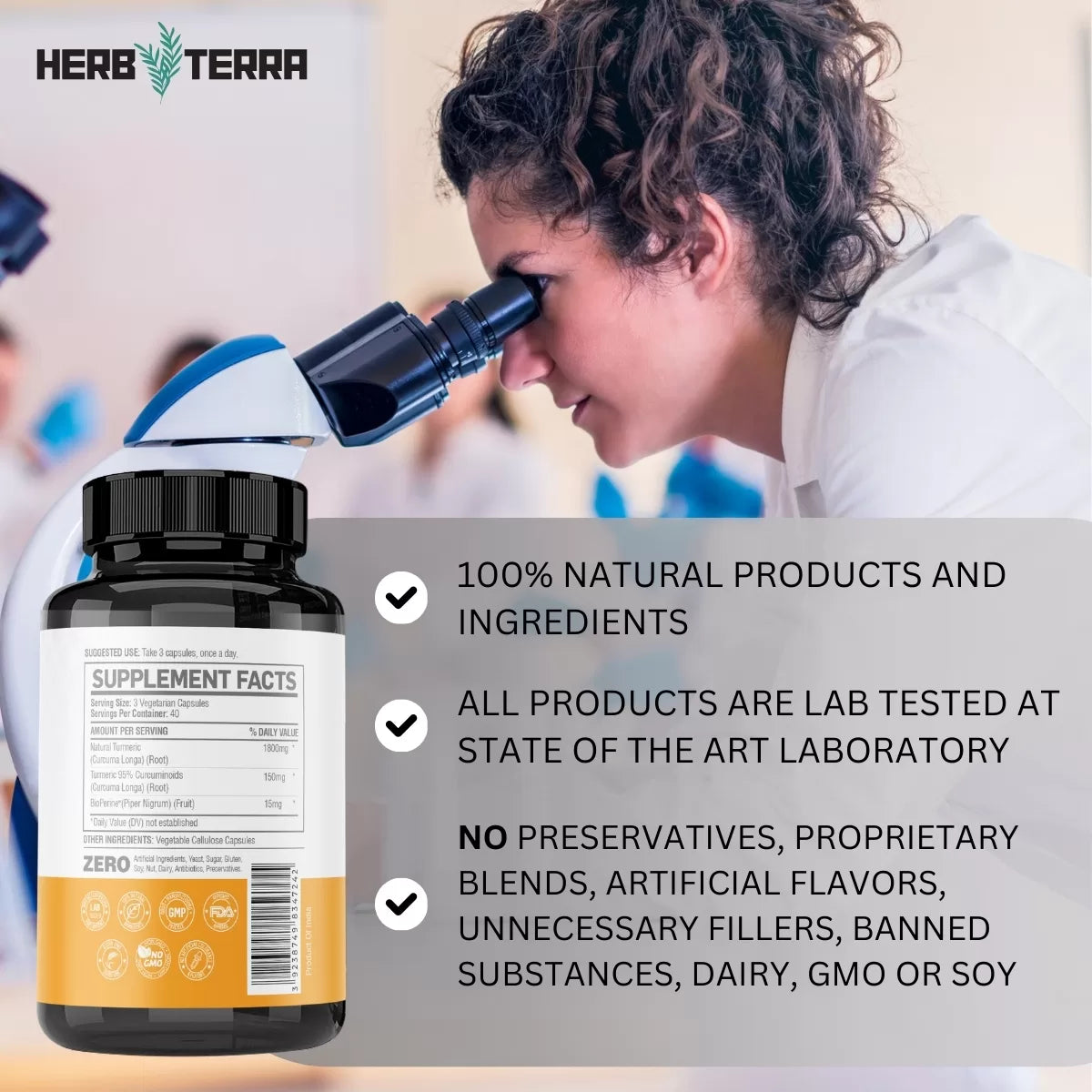 Herb Terra supplement bottle & lab.
| Herb terra