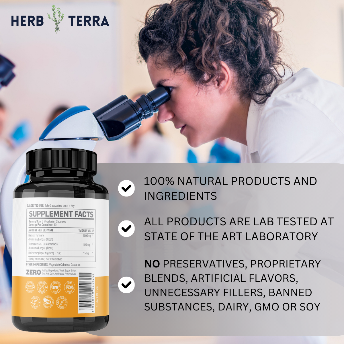 Supplement bottle with scientist | Herb Terra