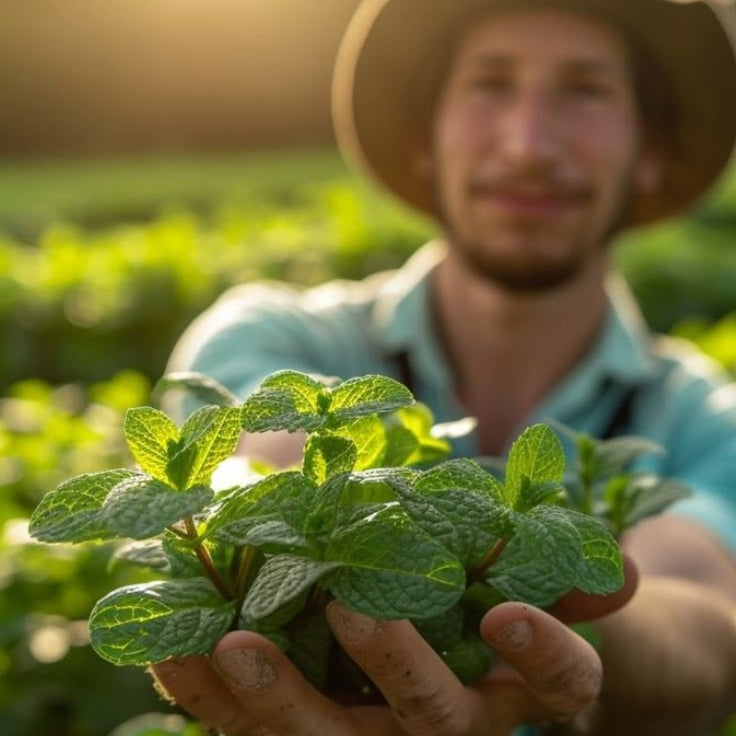 Farmer holding fresh mint leaves.| Herb Terra
