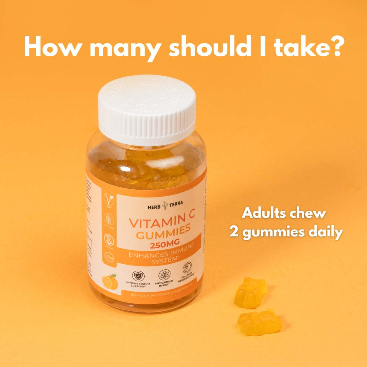 Bottle of Vitamin C gummies with a label indicating daily intake on an orange background