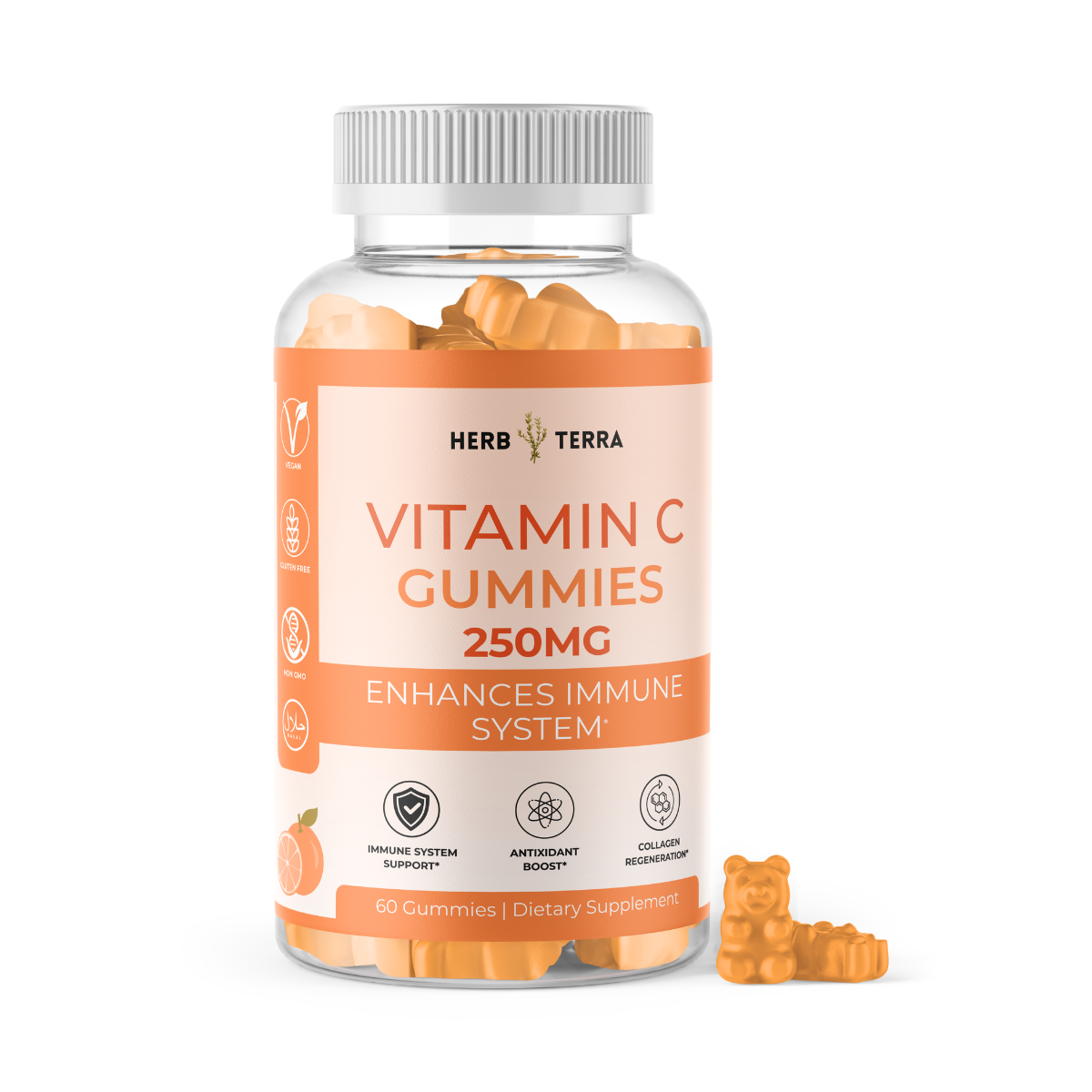 Bottle of Herb Terra Vitamin C Gummies on a white background