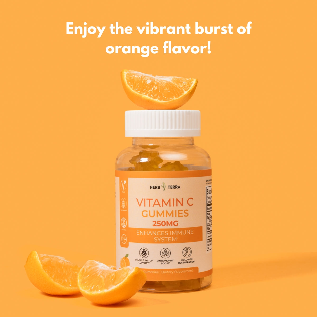 Bottle of Vitamin C gummies with oranges on an orange background