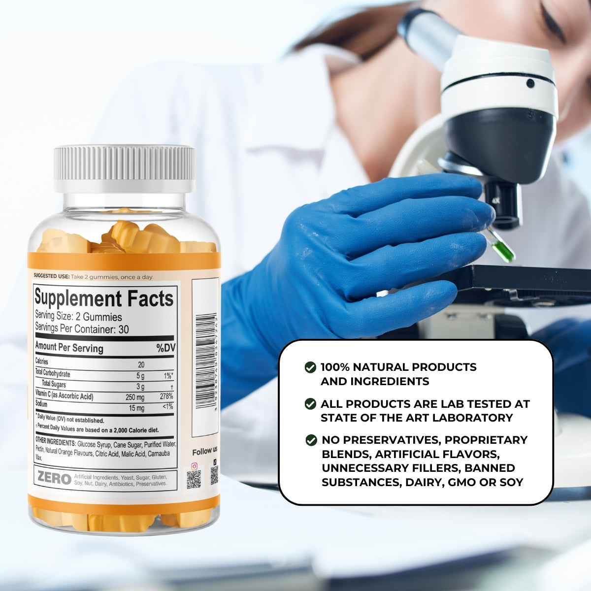 Gummy supplement bottle and lab scene.
| Herb terra