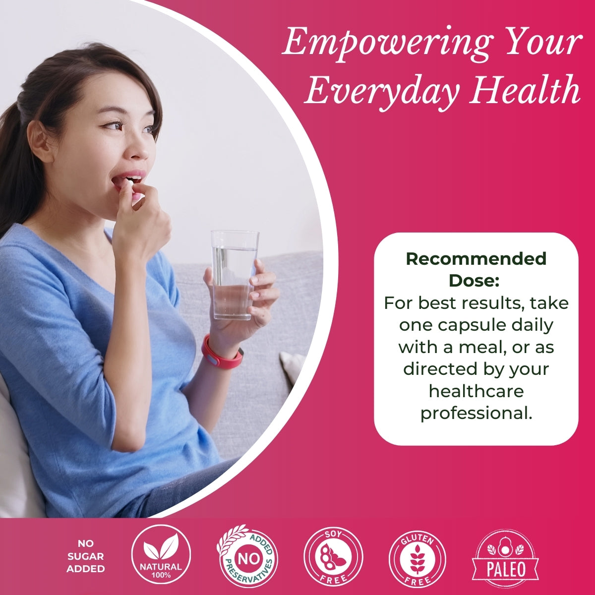 Woman taking a health supplement capsule. | Herb terra