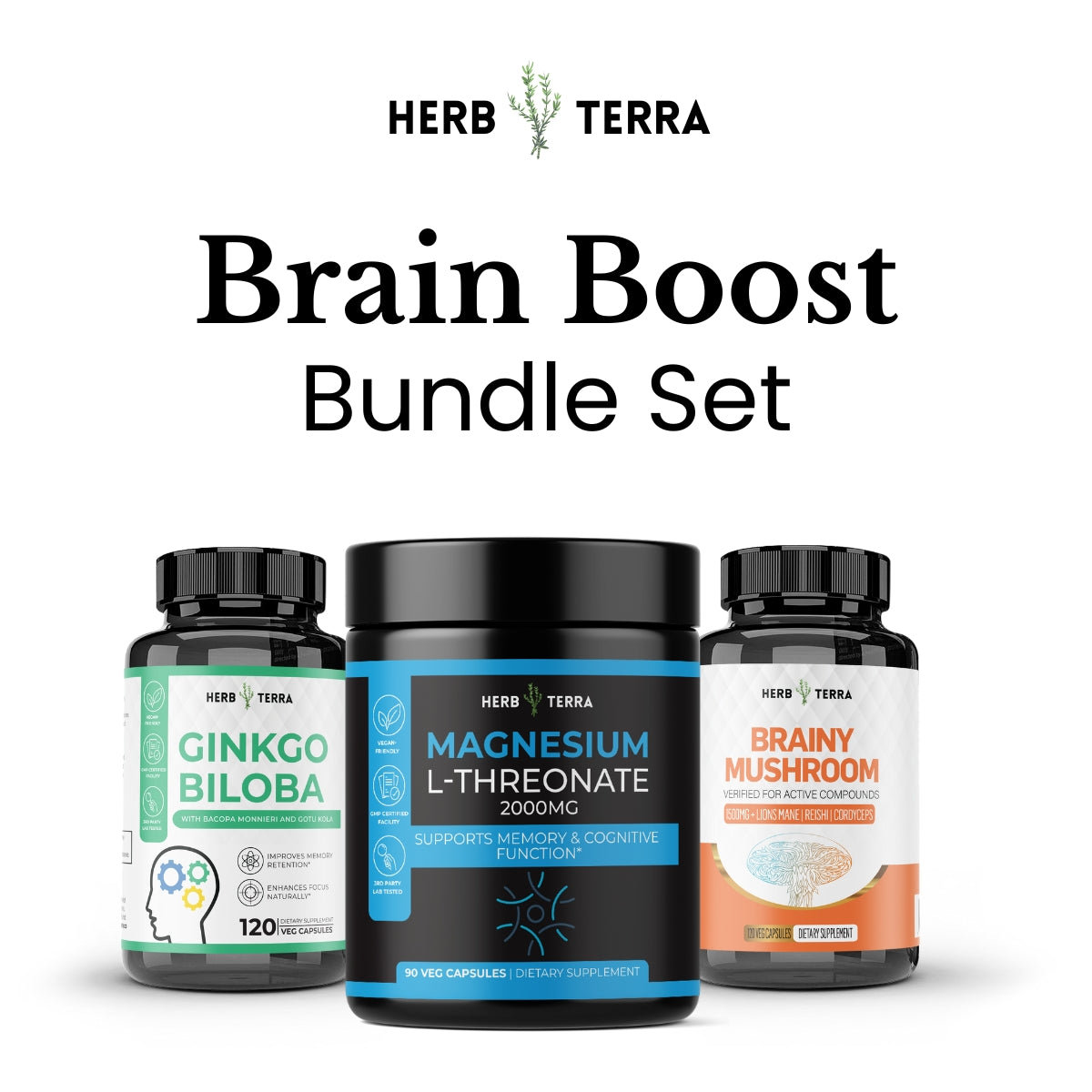 Herb Terra Brain Boost Bundle Set with three supplement bottles on a white background