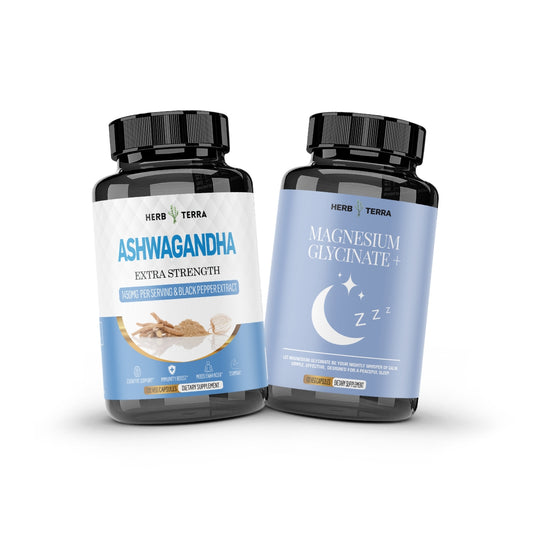 Two supplement bottles labeled 'Ashwagandha' and 'Magnesium Glycinate +' on a white background.