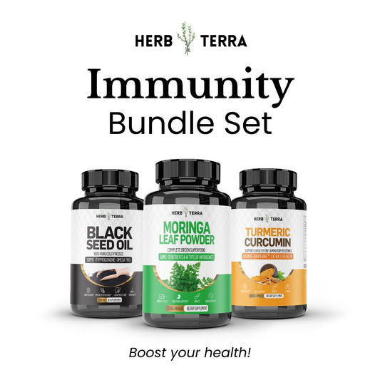 Herb Terra immunity bundle set with three supplement bottles on a white background