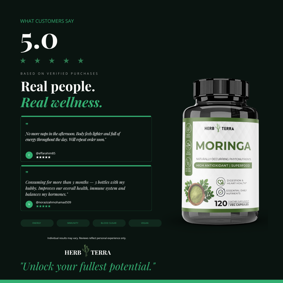 [Bundle of 3] Herb Terra Moringa Leaf 1000mg - Superfood Energy, Skin & Blood Sugar Support