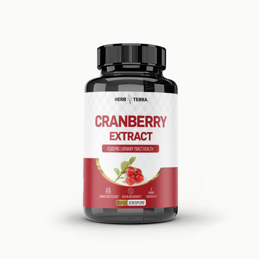 Bottle of Cranberry Extract supplement with a white label on a white background