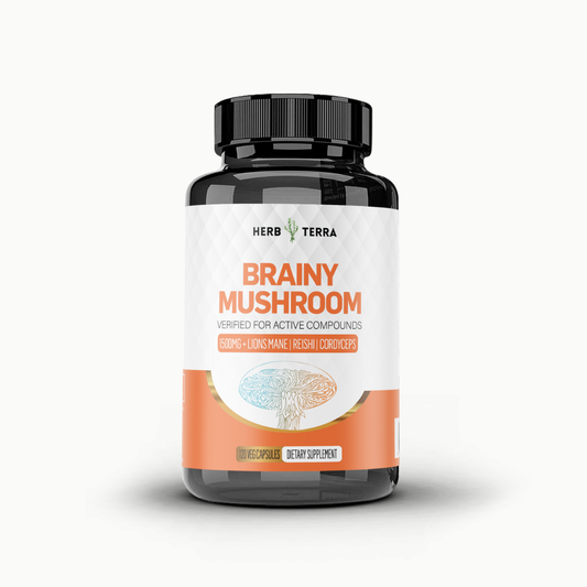 Bottle of Herb Terra Brainy Mushroom supplement on a white background