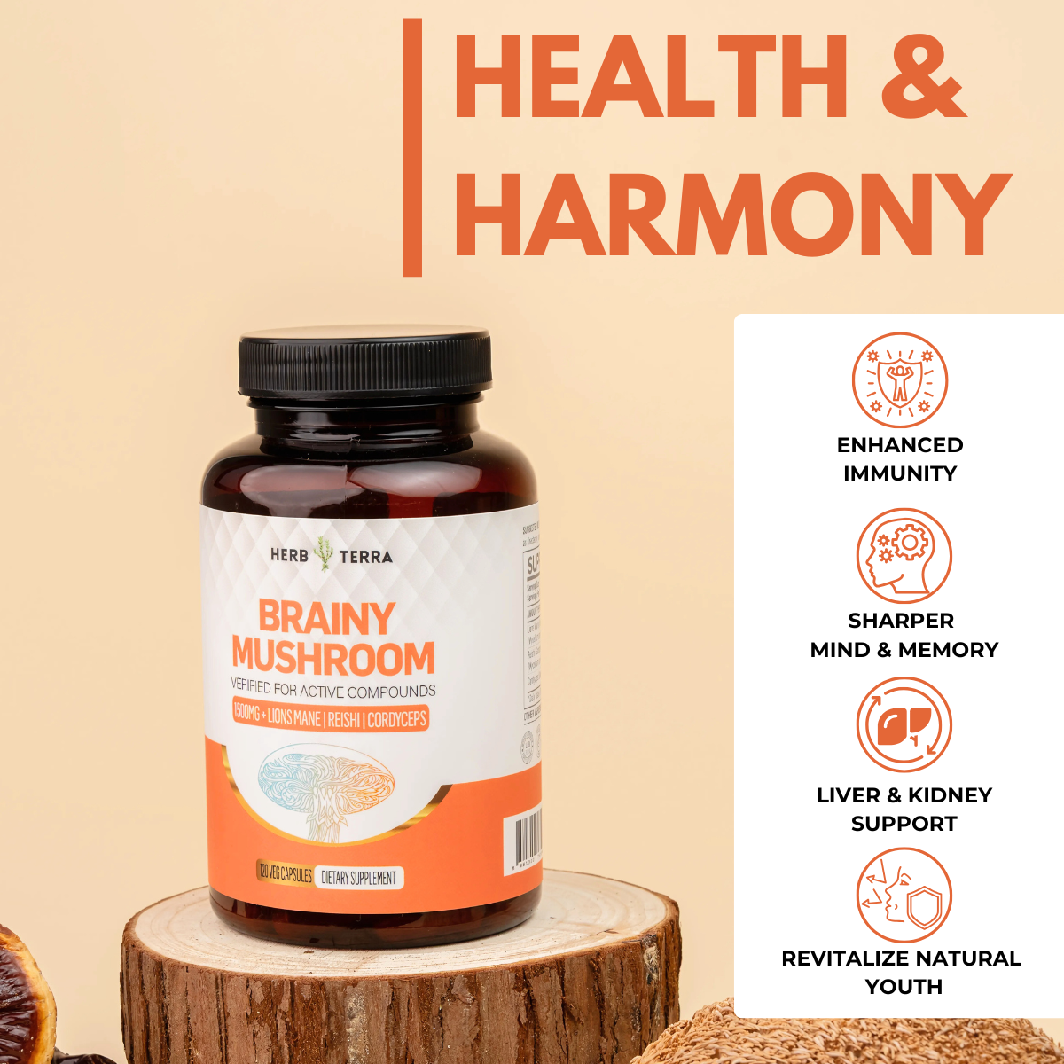Brainy Mushroom | Reishi, Lion’s Mane, Cordyceps | 120 Capsules