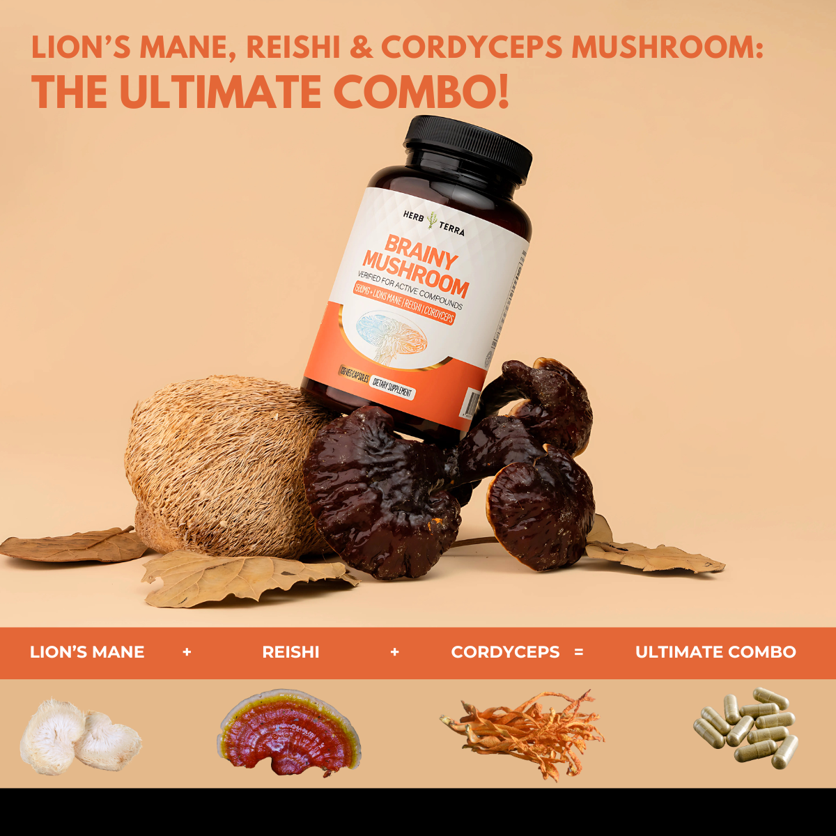 Brainy Mushroom | Reishi, Lion’s Mane, Cordyceps | 120 Capsules