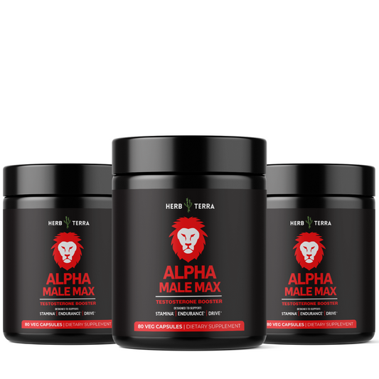 Three Alpha Male Max containers on white | Herb Terra