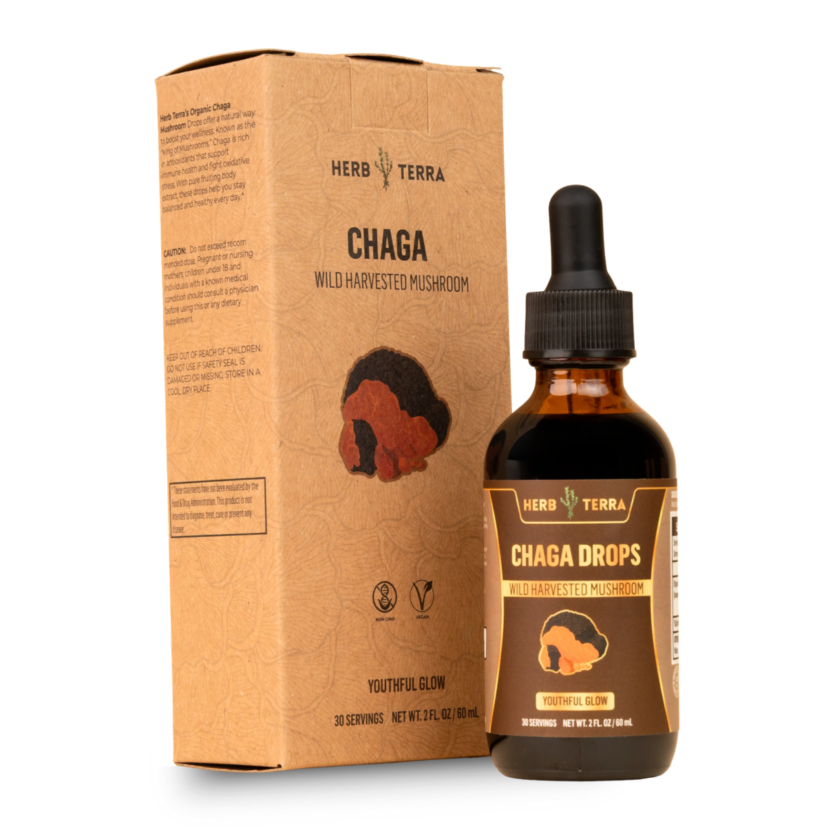 Herb Terra Chaga Drops bottle and packaging on a white background