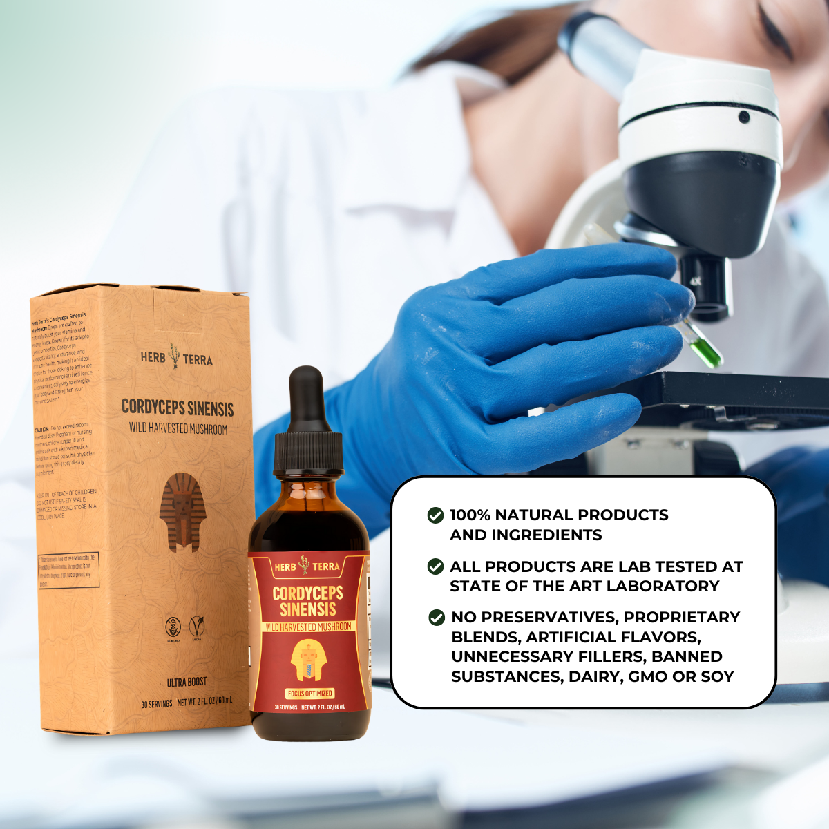 Herb Terra Cordyceps Sinensis product with packaging and a scientist using a microscope.