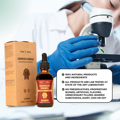 Herb Terra Cordyceps Sinensis product with packaging and a scientist using a microscope.