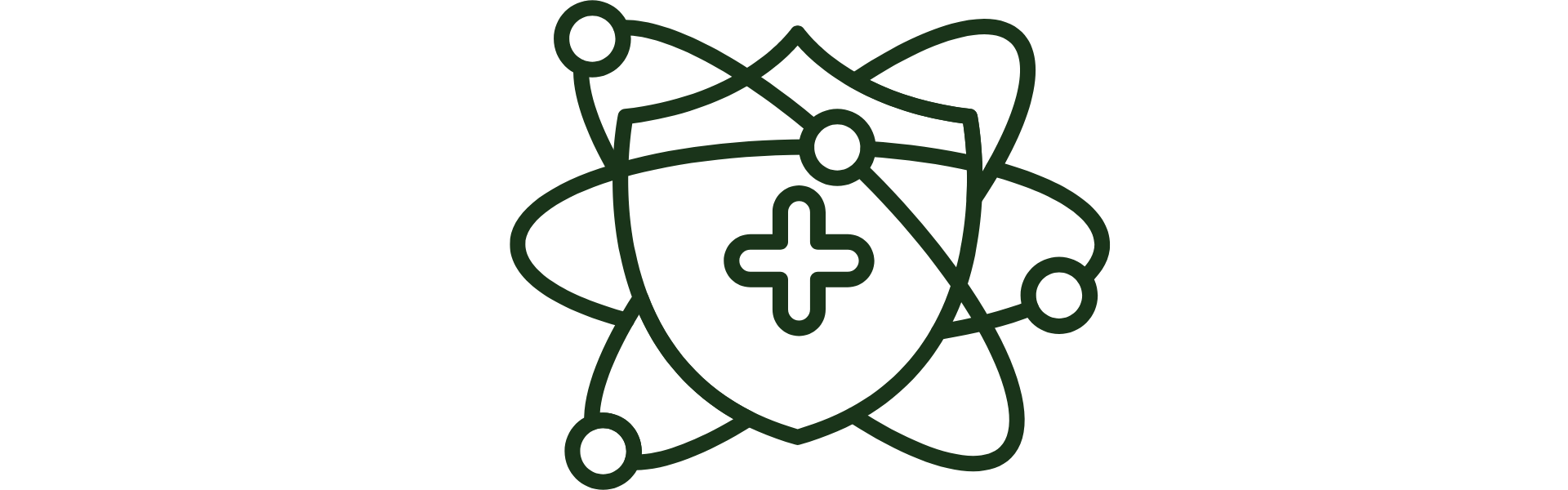Icon of a shield with a plus sign and atom symbol, resembling a healthcare or science logo.
