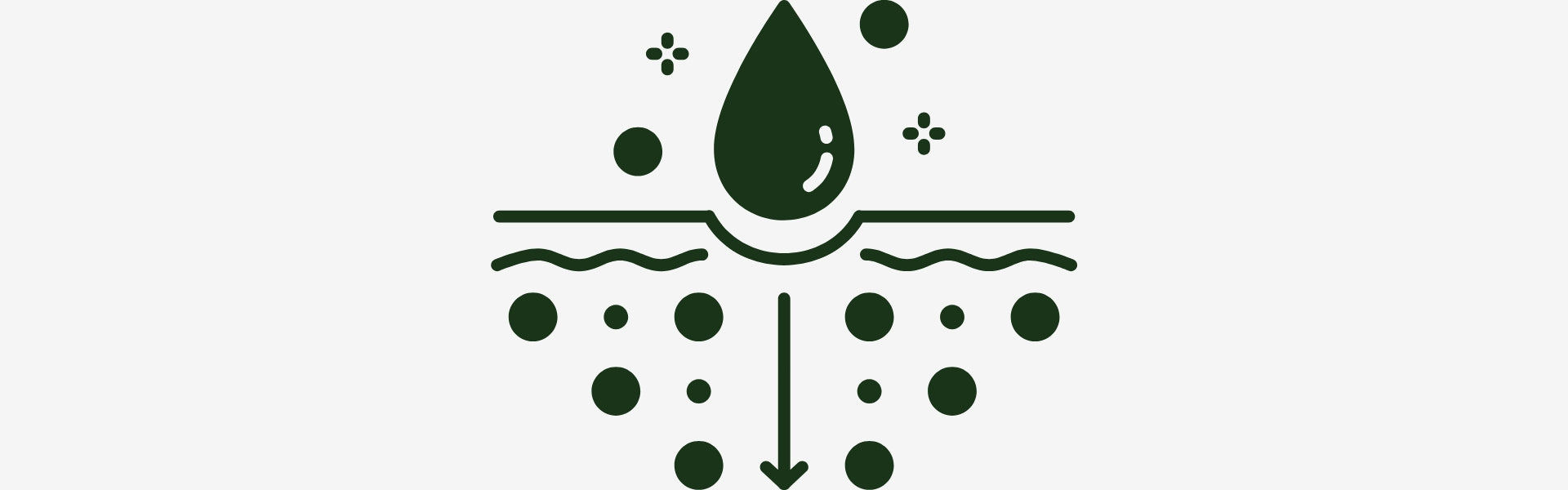 Green droplet icon with water droplets and a wave on a white background