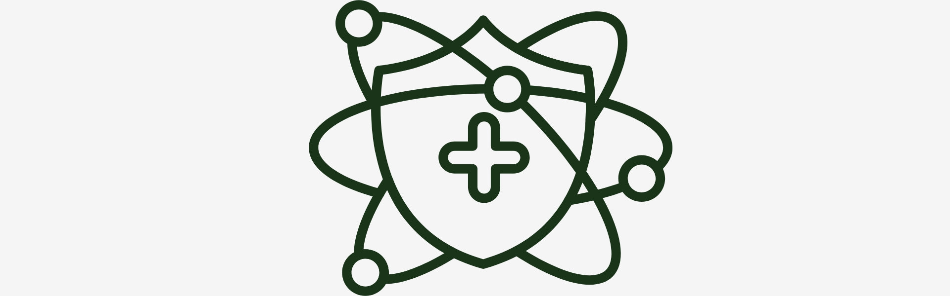 Icon of a shield with a plus sign and atom symbol, resembling a healthcare or science logo.