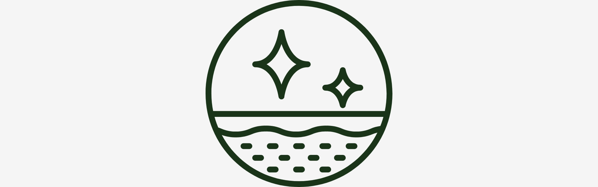 Circular icon with two stars and wavy lines on a white background