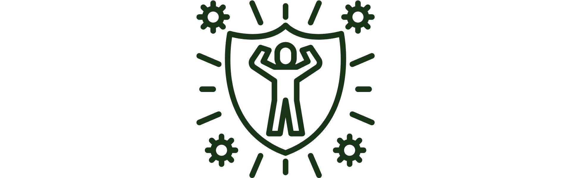 Icon of a shield with a person inside, surrounded by sun rays and small sun icons, on a white background.