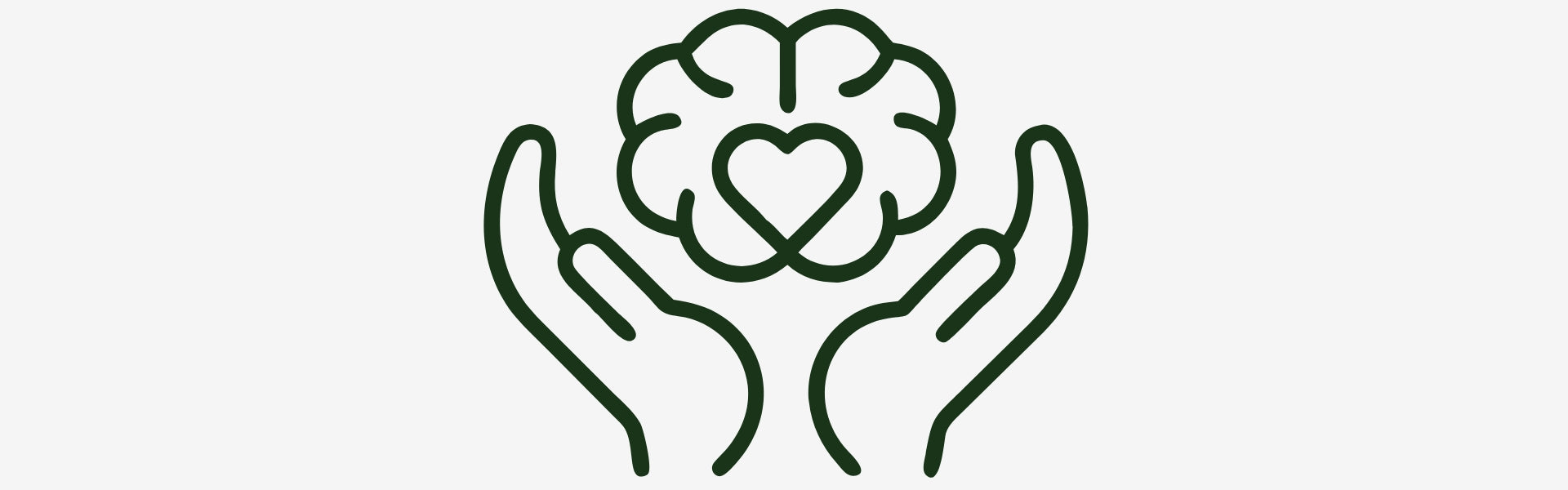 Outline of two hands holding a heart symbol with a brain shape above it on a white background