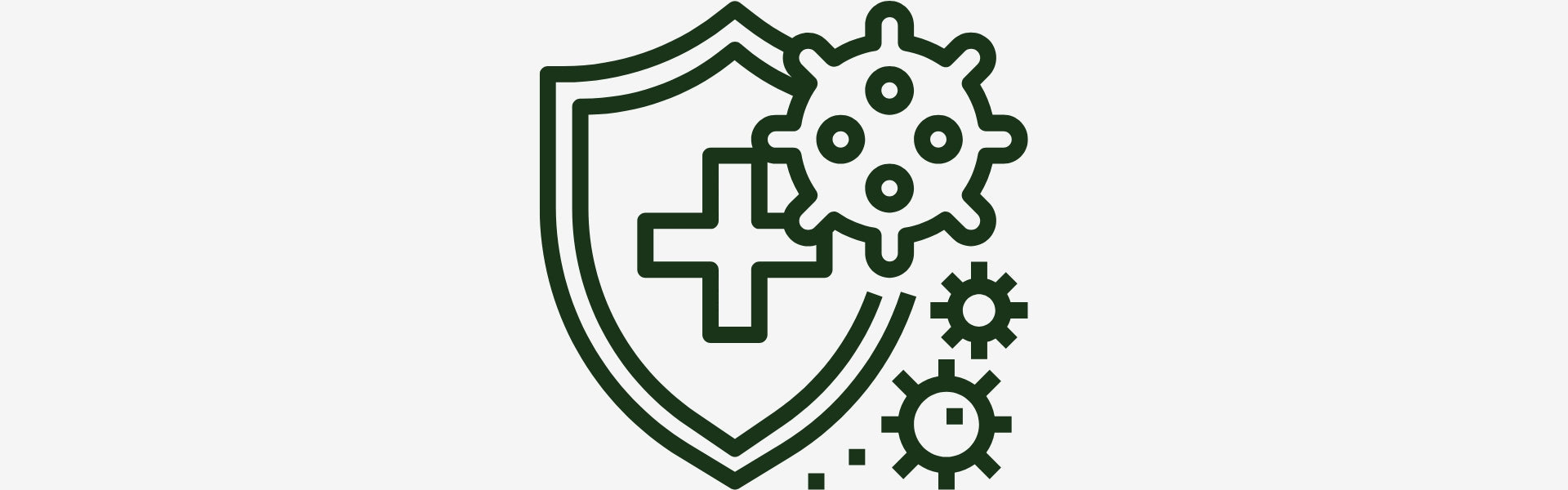 Icon of a shield with a cross, gears, and a virus symbol on a white background
