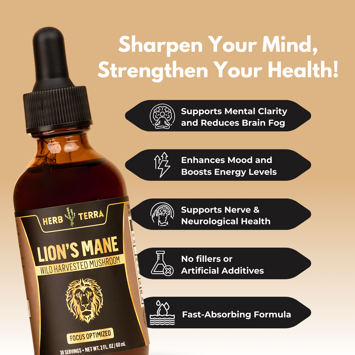 Lion’s Mane bottle with benefits.
