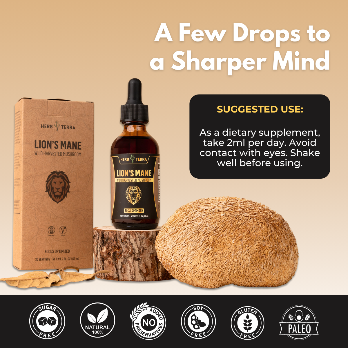 Lion’s Mane bottle on beige background.
