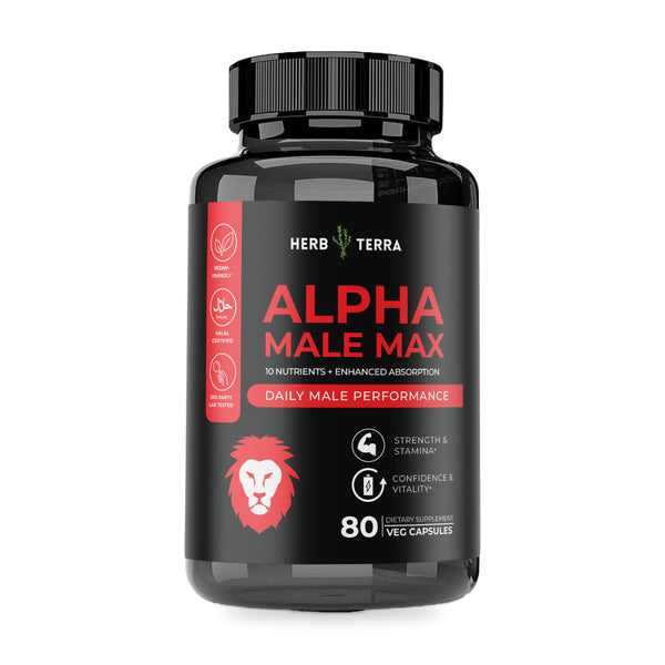 Herb Terra Alpha Male Max 80 veg capsules: bottle front on white background