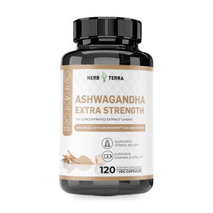 Herb Terra Ashwagandha Capsules 120 veg capsules: bottle front on white background