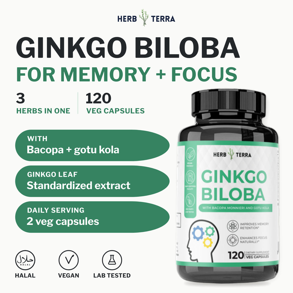 Herb Terra Ginkgo Biloba with Bacopa, 120 Veg Capsules: bottle front with three herbs in one and halal, vegan badges