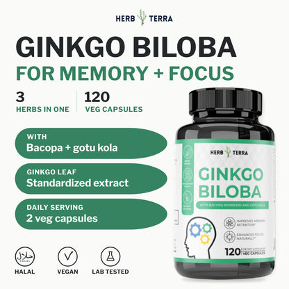 Herb Terra Ginkgo Biloba with Bacopa, 120 Veg Capsules: bottle front with three herbs in one and halal, vegan badges