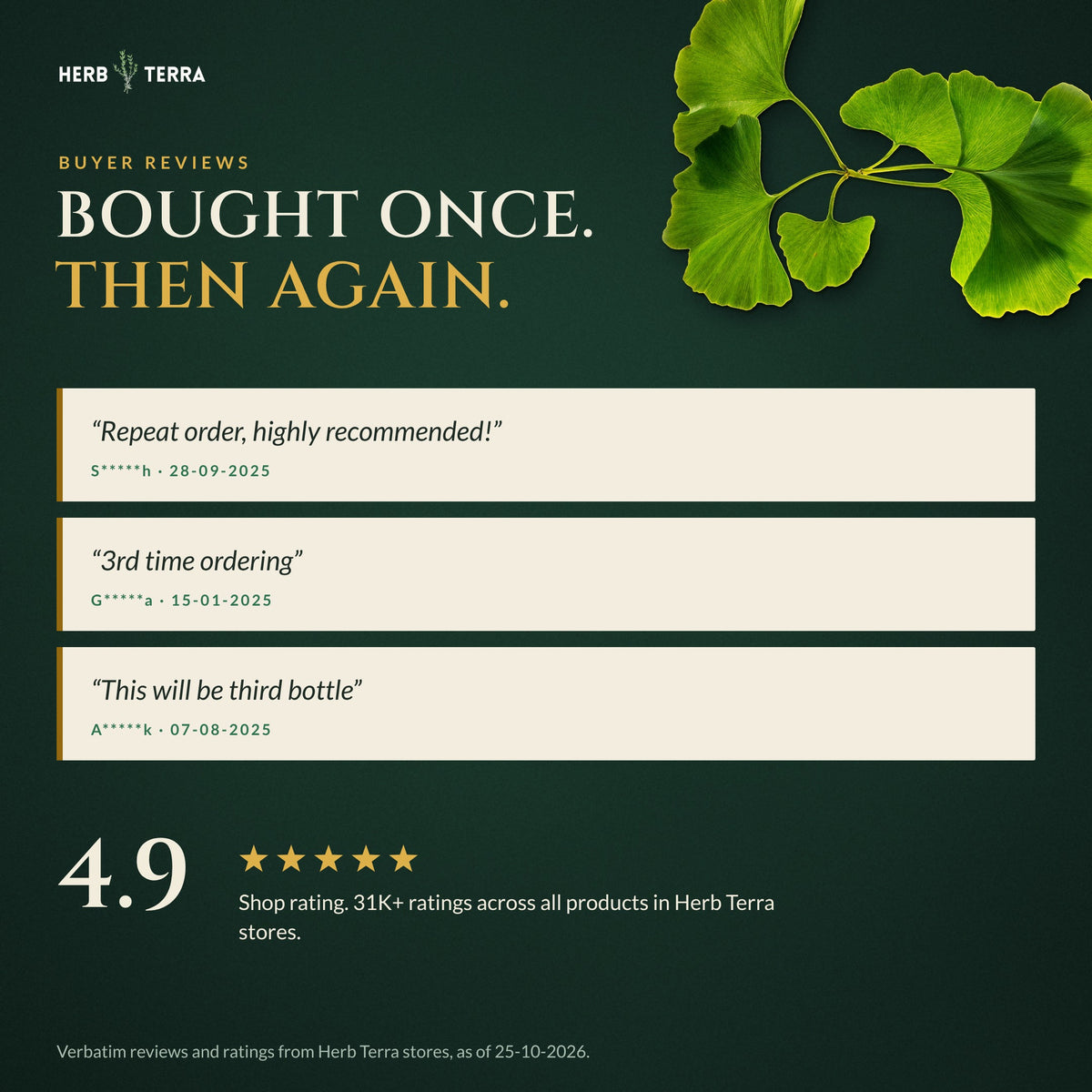 Herb Terra Ginkgo Biloba with Bacopa, 120 Veg Capsules: buyer reviews panel with green ginkgo leaves