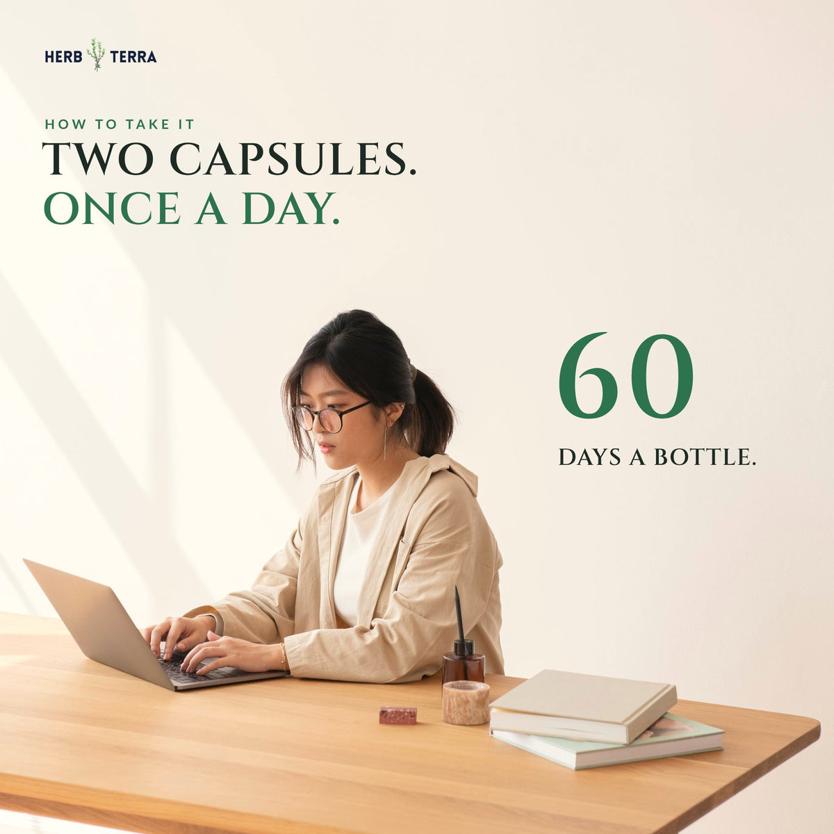 Herb Terra Ginkgo Biloba with Bacopa, 120 Veg Capsules: how to take, two capsules once a day, woman working at a laptop
